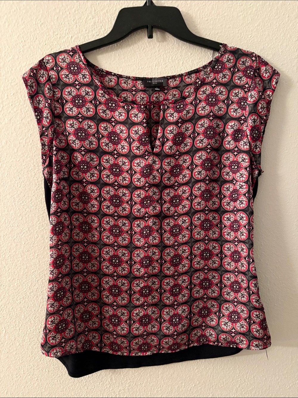 The Limited Pink and Black Medallion Cap-Sleeve Blouse